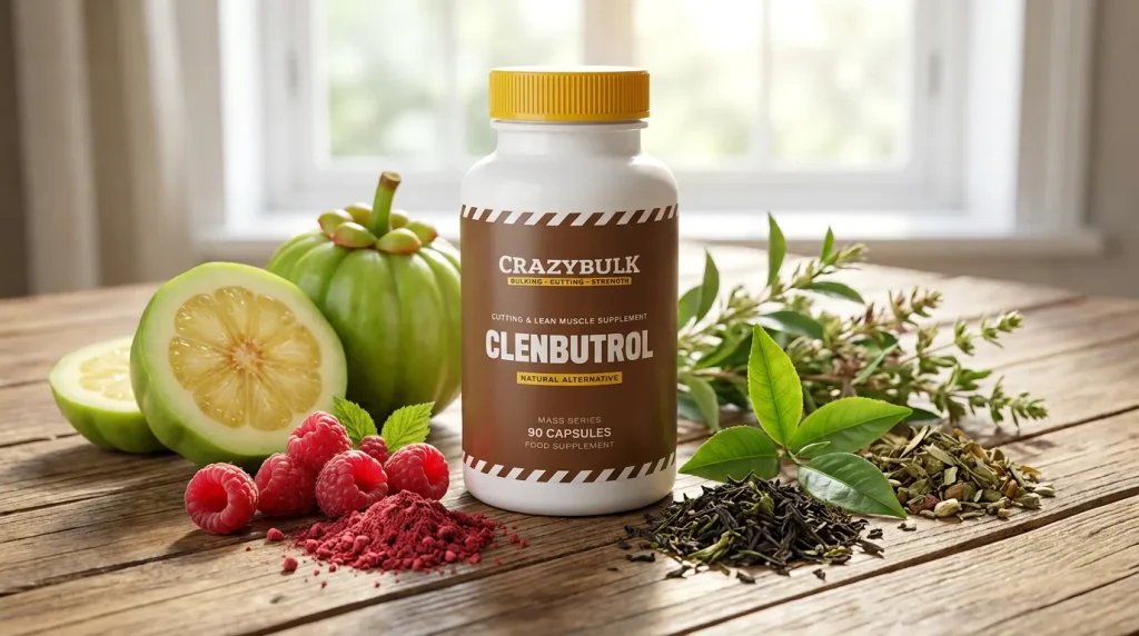Ingredientes naturales de la fórmula de Clenbutrol, incluyendo extracto de Garcinia Cambogia y hojas de té.