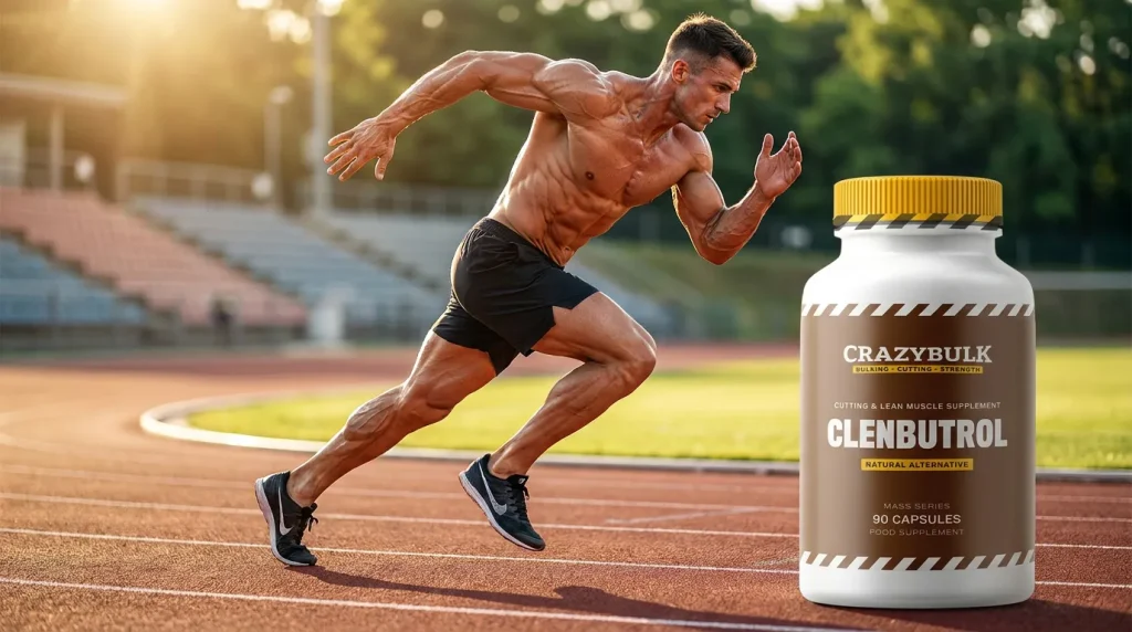Atleta con excelente definición muscular corriendo, demostrando los resultados de pérdida de grasa con Clenbutrol.