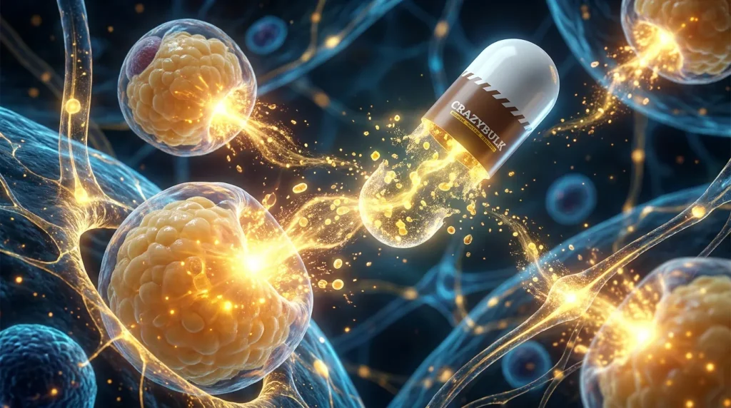 Ilustración médica 3D mostrando el mecanismo de acción celular y la oxidación lipídica de las cápsulas.