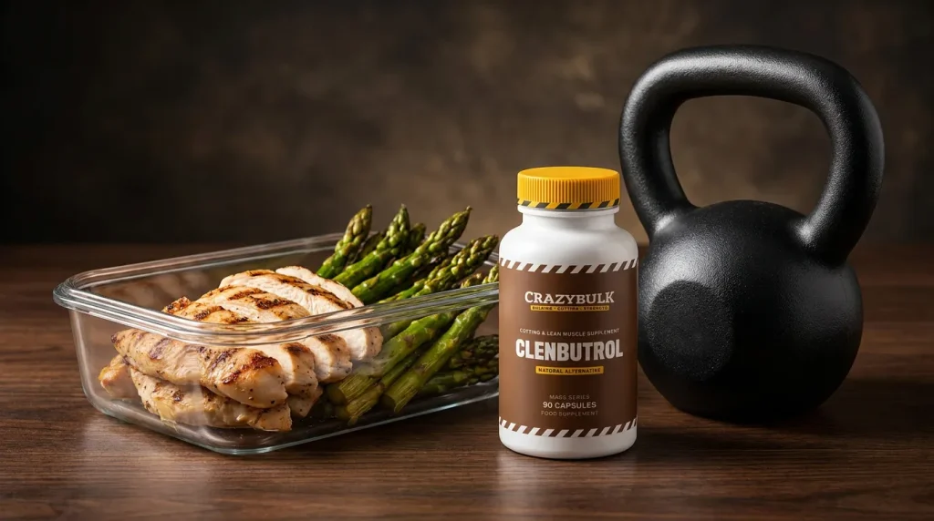 Comida saludable, pesa rusa y suplemento, ilustrando la sinergia entre nutrición y entrenamiento.