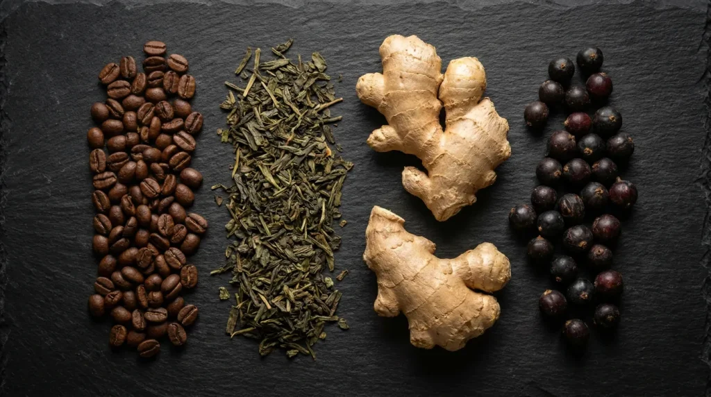 Ingredientes naturales de Gynectrol como raíz de jengibre, granos de café y té verde.