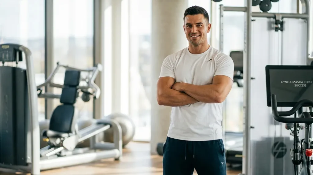 Hombre con pecho plano y masculino usando una camiseta ajustada tras reducir la ginecomastia.