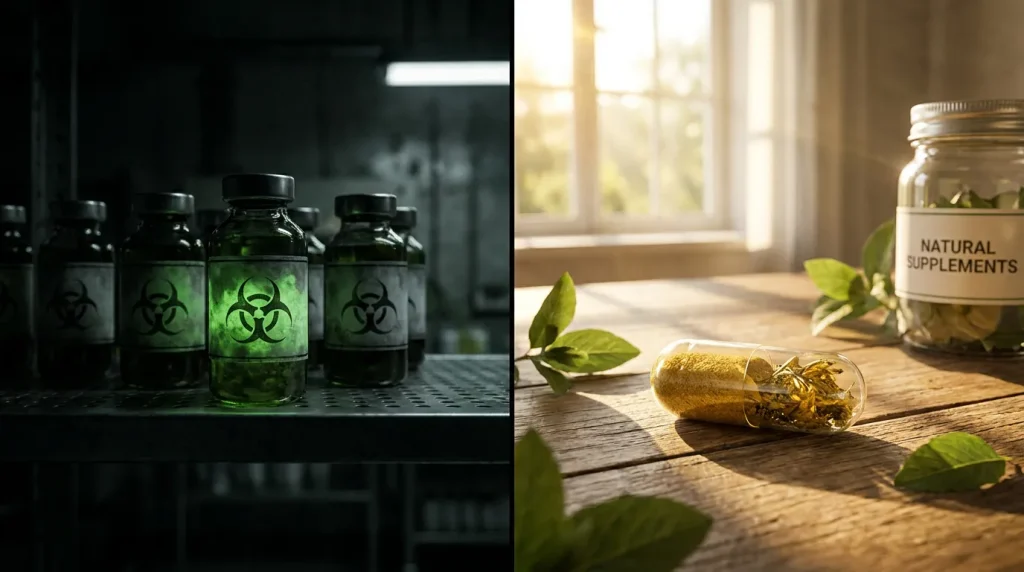 Comparación visual conceptual entre peligrosos viales de esteroides sintéticos y suplementos naturales seguros.
