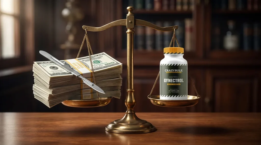 Balanza comparando el alto costo de la cirugía de ginecomastia con el precio accesible de los suplementos naturales.