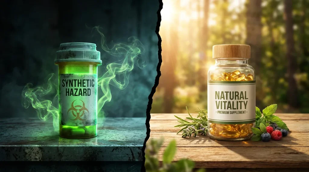 Comparativa visual conceptual entre la toxicidad química del Anadrol y la seguridad natural de Anadrole.