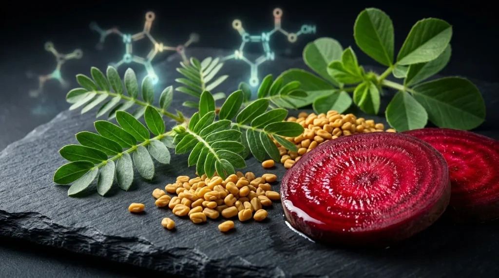 Ingredientes botánicos naturales de la fórmula de Anadrole, incluyendo Tribulus Terrestris y extracto de remolacha.