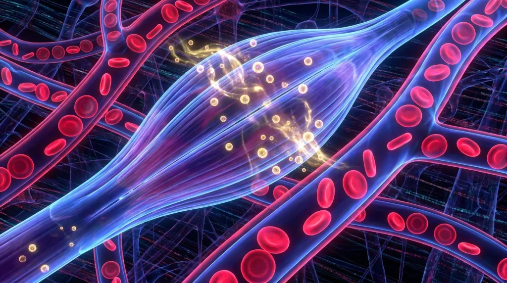 Ilustración médica 3D que muestra la oxigenación celular y el crecimiento de las fibras musculares.