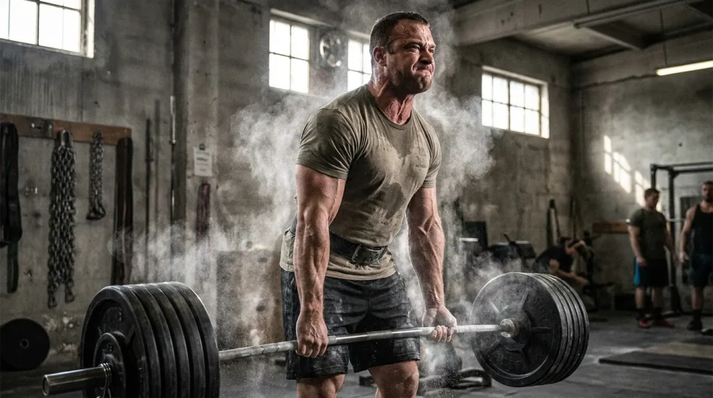 Atleta natural levantando peso muerto en el gimnasio, demostrando fuerza real y ganancias musculares sostenibles.