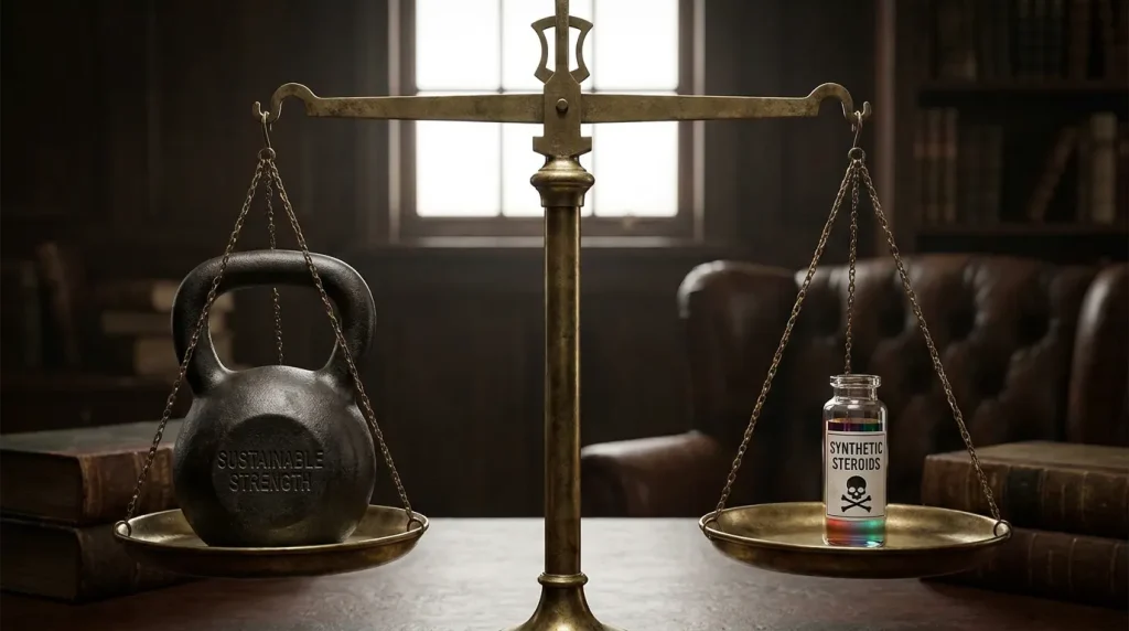 Balanza equilibrando una pesa de hierro (salud natural) y viales de esteroides (riesgo sintético).