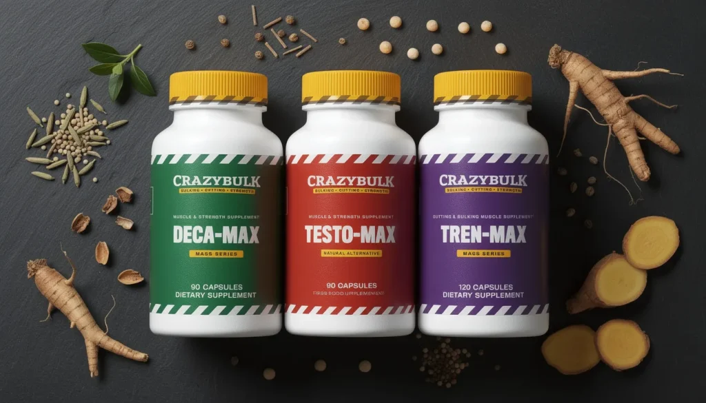 Frascos de suplementos CrazyBulk rodeados de ingredientes naturales científicamente probados.
