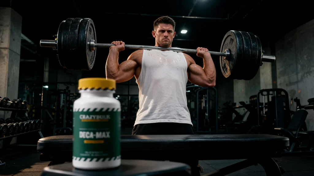 Atleta natural levantando pesas intensamente, demostrando los resultados de fuerza y ganancia muscular con CrazyBulk.