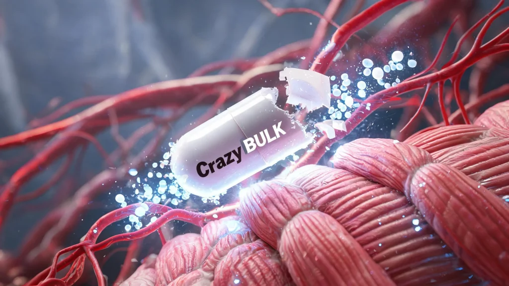 Ilustración médica 3D del mecanismo de acción de una cápsula de CrazyBulk estimulando las fibras musculares.