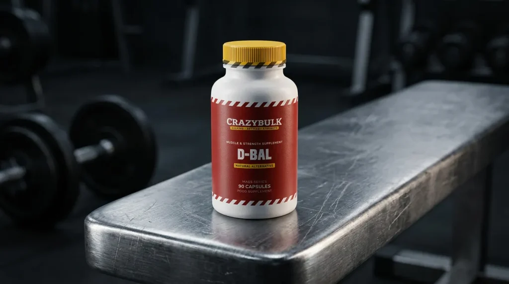Frasco del suplemento natural CrazyBulk D-Bal sobre un banco de gimnasio, diseñado para hipertrofia muscular.