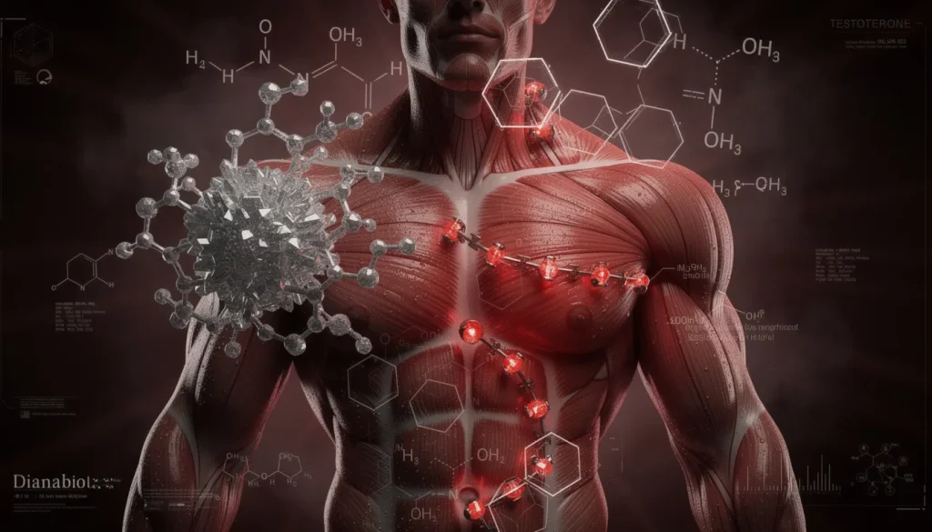 Infografía visual de la estructura química de Dianabol (metandrostenolona), mecanismo anabólico, receptores androgénicos y proceso de crecimiento muscular a nivel celular.