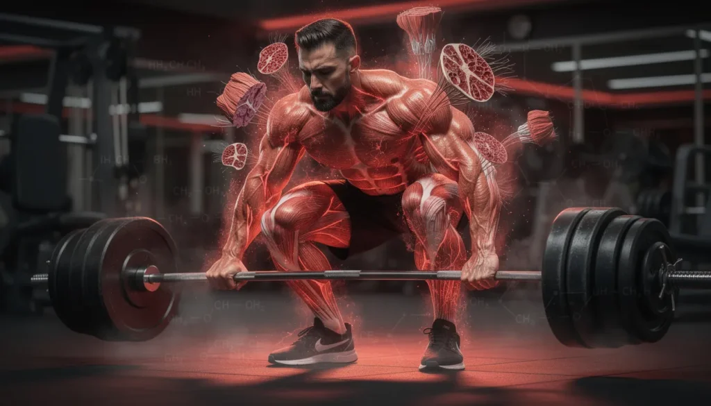 Representación visual de los beneficios potenciales de Dianabol, incluyendo aumento de masa muscular, fuerza, rendimiento físico y recuperación acelerada.