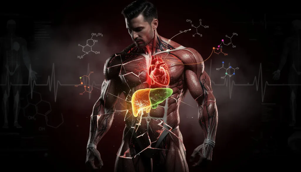 Ilustración médica de los efectos secundarios de Dianabol, como daño hepático, riesgos cardiovasculares, supresión hormonal y complicaciones de salud a largo plazo.