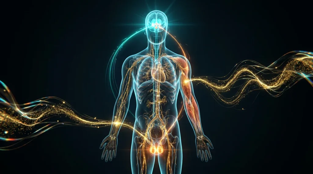 Ilustración científica 3D que muestra la producción natural de testosterona y el eje HPT en el cuerpo humano.