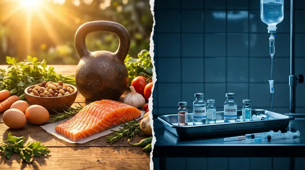 Comparación visual entre nutrición y métodos fitness naturales frente a esteroides anabólicos inyectables.