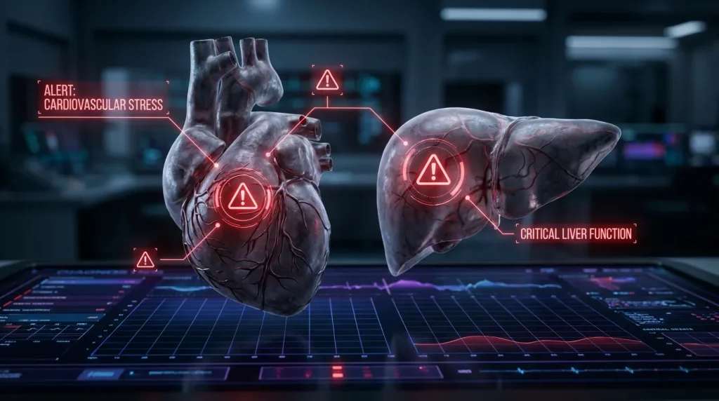 Modelo anatómico 3D de un corazón y un hígado humanos advirtiendo sobre los riesgos médicos del Turinabol.