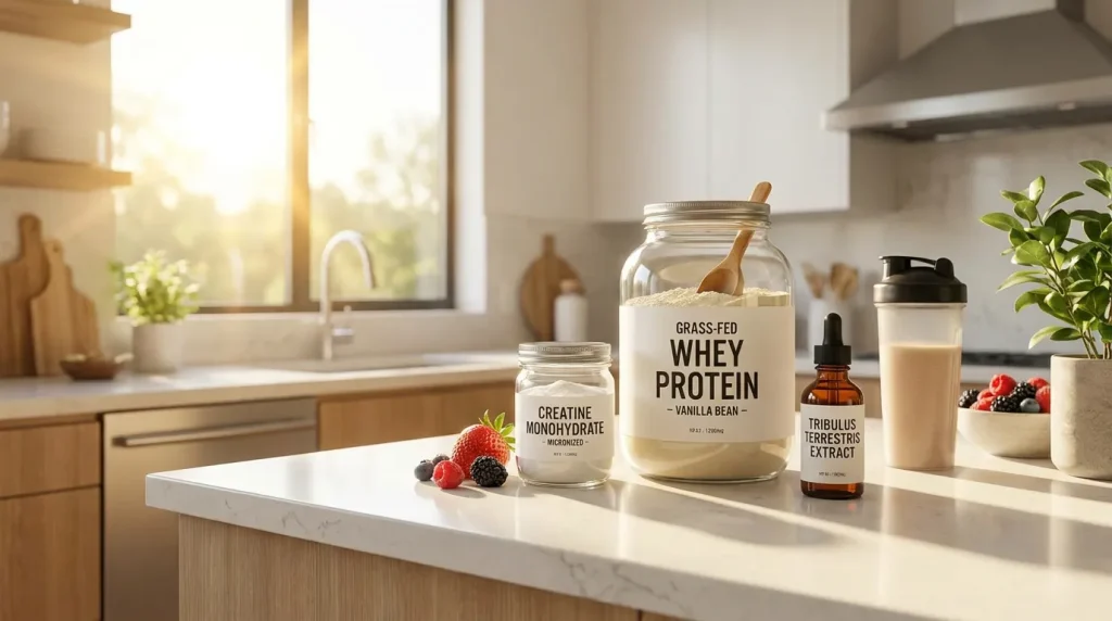 Suplementos deportivos naturales y seguros como proteína de suero y creatina en una cocina moderna.