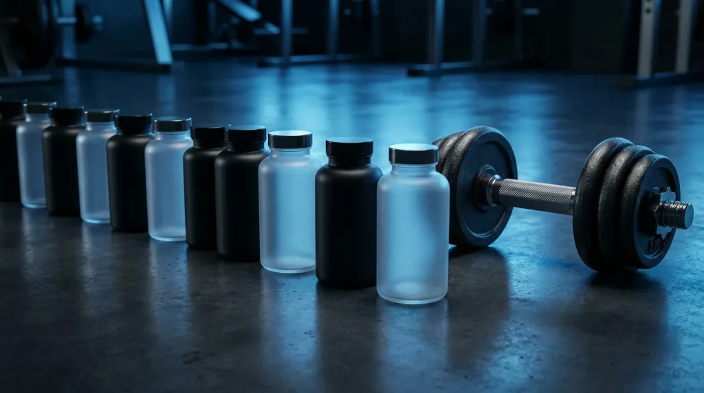 Fila de suplementos para el aumento de masa muscular junto a una mancuerna en el gimnasio.